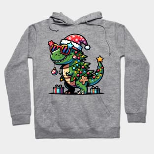 Tree-Rex Holiday Dinosaur - Christmas Tree T-Rex TreeRex Pun with Santa Hat, Lights and Ornaments Hoodie